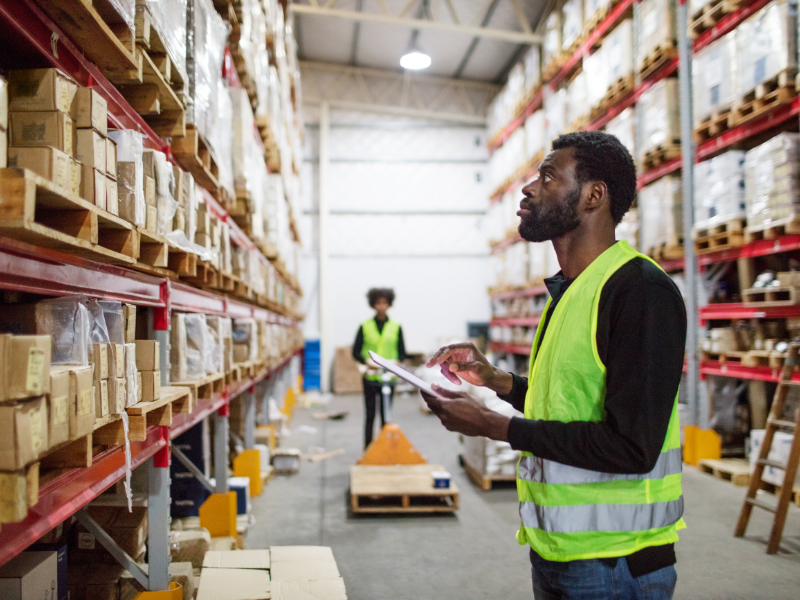 Warehouse worker reviewing stock levels using a tablet device