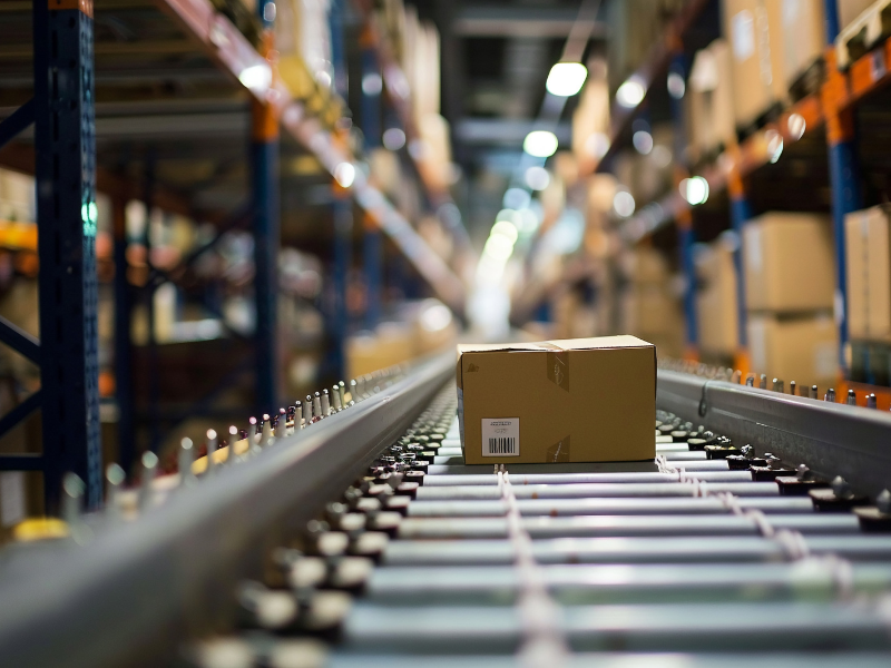 Single box traveling on a conveyor belt in a warehouse