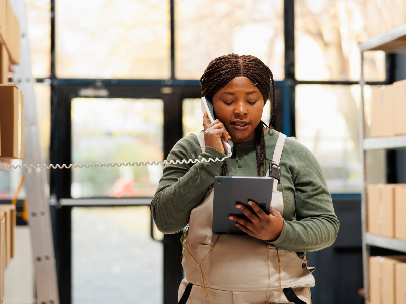 Warehouse worker on phone holding tablet while managing logistics
