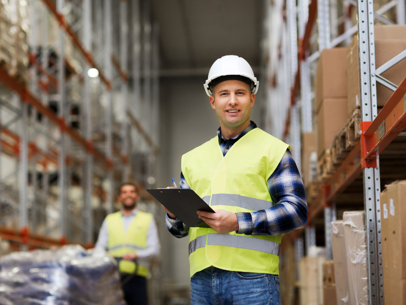 Supervisor in high-visibility vest checking clipboard in warehouse
