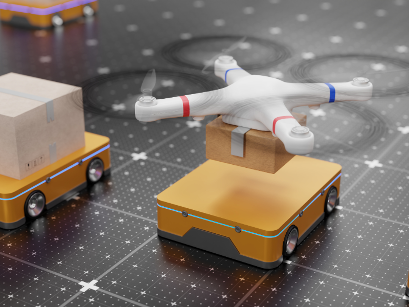 Drone delivering packages with robotic warehouse automation system