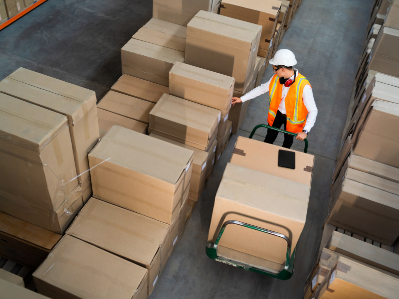 Worker moves large boxes in a fulfilment center warehouse