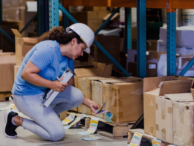 Employee inspects damaged packages in a fulfilment center warehouse
