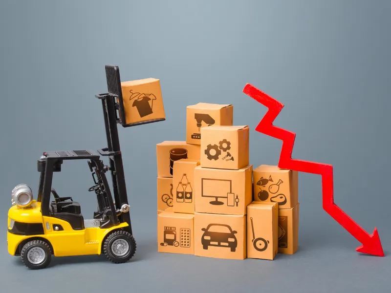 Forklift lifting boxes beside declining demand symbol in vendor management inventory