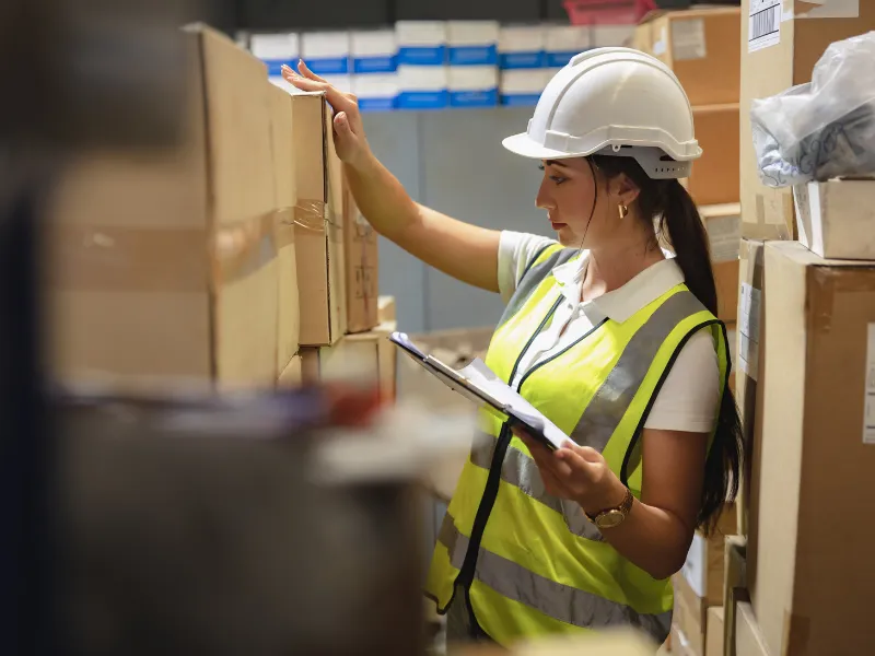 Female worker checking inventory levels with clipboard in warehouse