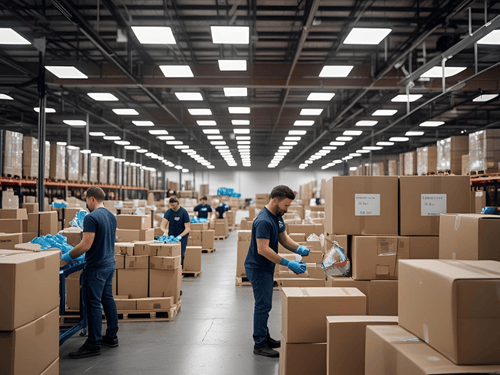 Workers pack products into boxes across a large warehouse floor, ensuring smooth fulfillment processing