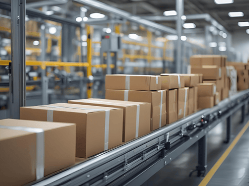 Fulfillment center conveyor belt with uniform cardboard packages ready for shipment and customer delivery