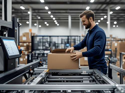 A worker uses automation to box products, optimizing accuracy and speed in fulfillment centers