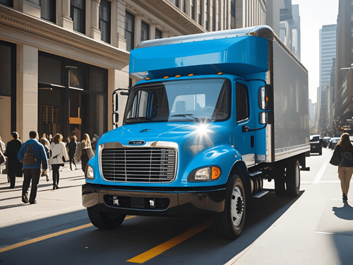 A blue delivery truck navigates urban streets, supporting fast last-mile fulfillment operations