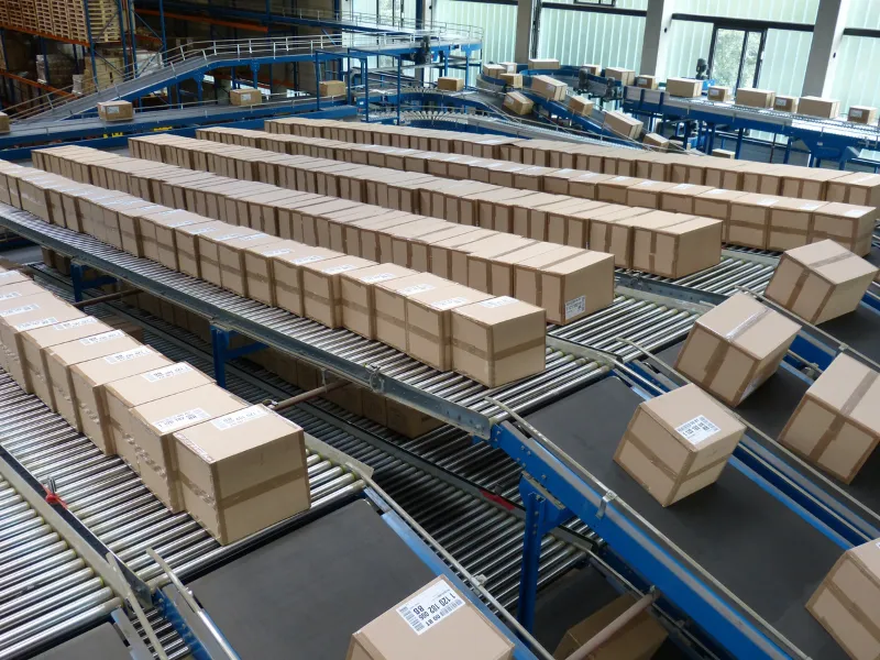 Automated fulfillment system moves packages efficiently along conveyor belt in busy warehouse