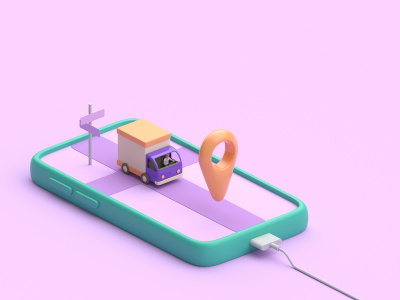 A delivery truck navigates a 3D digital map on a smartphone screen, showcasing warehouse logistics