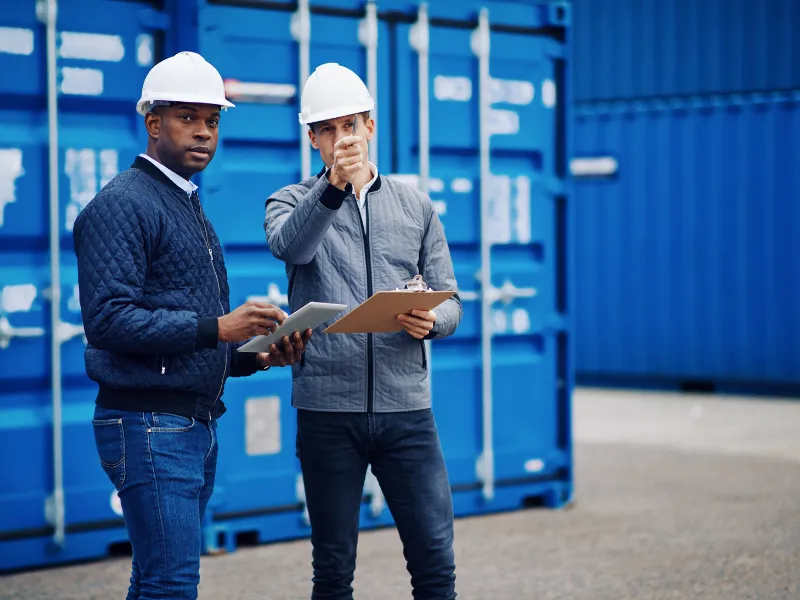 Logistics supervisors inspect container stock for shipping accuracy and smooth fulfillment coordination