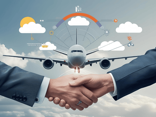 Two businesspeople shake hands in front of a jet, symbolizing international fulfillment partnerships