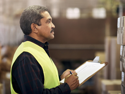A professional warehouse employee checks inventory on shelves using a clipboard during a routine inspection