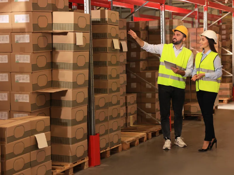 Workers inspecting packed inventory boxes in fulfilment center for quality control and processing