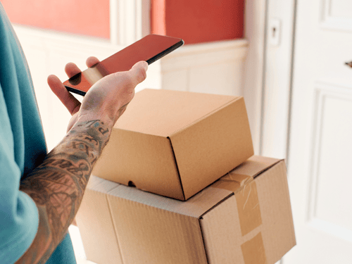 Delivery personnel holding parcels and phone highlights importance of last-mile reliability in carrier diversity