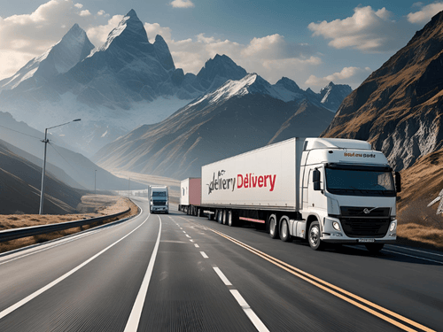 Trucks drive through scenic mountain highway as part of long-distance fulfillment and logistics operations