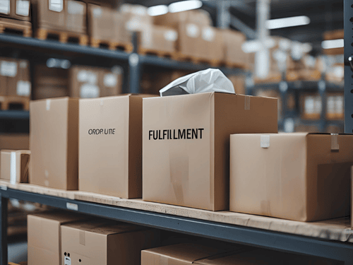 Stacked fulfillment boxes labeled for shipping sit on metal shelves in a busy warehouse