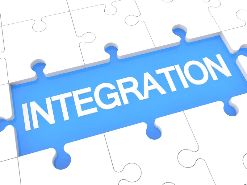 Puzzle piece with word “integration” representing unified fulfilment center software and logistics systems