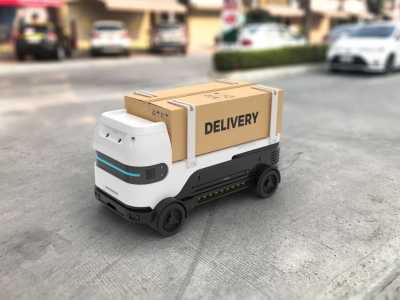 A compact automated robot carries a parcel labeled delivery, symbolizing modern professional warehousing technology