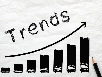 Graph showing upward inventory trends with word 'Trends' written above a rising bar chart