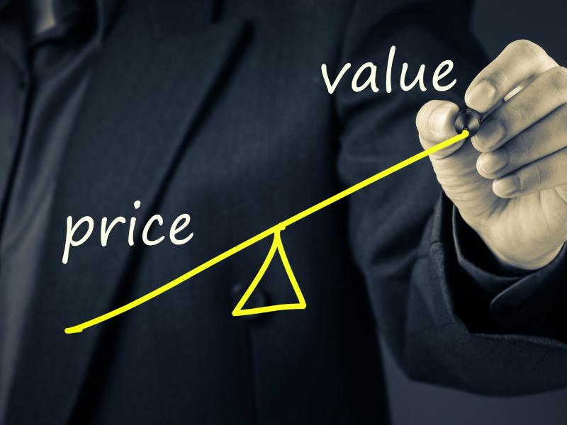 Businessman drawing price vs value scale, emphasizing 3PL focus on cost-effective service value