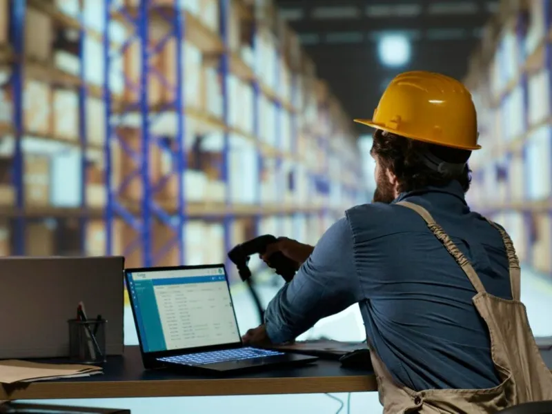 Worker scans inventory barcodes using laptop to manage warehouse fulfillment and tracking processes