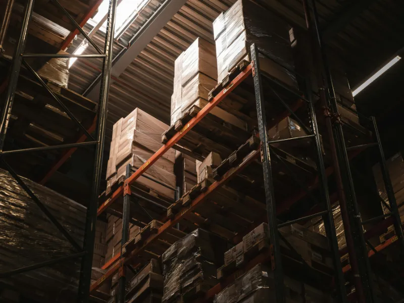 High shelves stacked with boxes representing organized inventory managed by vendor systems