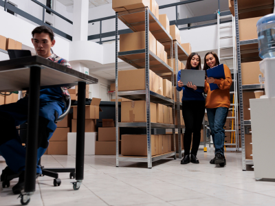Team checks inventory accuracy inside a stockroom filled with shelves and brown packaging boxes