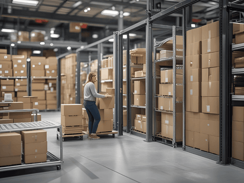 A staff member manages inventory in a large warehouse as part of a fulfillment system