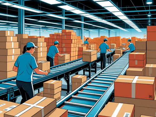 Workers manage high-volume packing lines as part of streamlined fulfillment logistics in large facilities