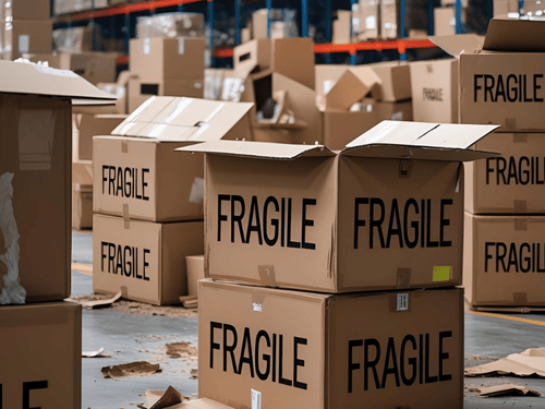 Torn packaging and fragile boxes scattered in a facility lacking proper professional warehousing systems