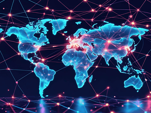 A neon world map showing global 3PL routes and interconnected third-party logistics systems