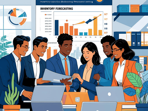 Business professionals collaborate on inventory management strategies using data charts and performance forecasting tools