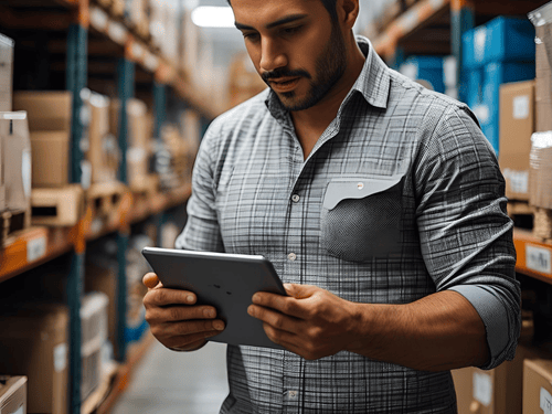 A warehouse worker monitors managed inventory levels using a tablet to optimize stock flow