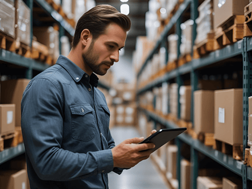 A warehouse employee uses a tablet to perform real-time inventory management and tracking tasks