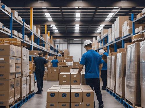 Warehouse staff managing boxes and inventory systems, showcasing streamlined warehousing processes and logistics
