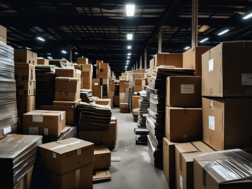 An overfilled warehouse aisle shows disorganized storage in a struggling fulfilment center environment