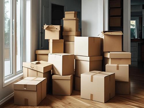 Dozens of stacked cardboard boxes ready for dispatch as part of a full inventory process