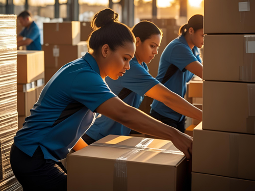 Fulfillment staff in warehouses work together quickly to pack orders during peak operational hours