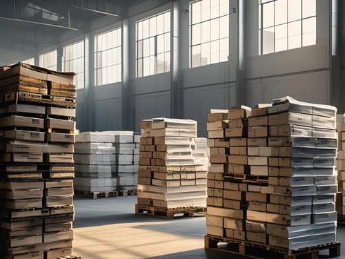 Sunlit corner of warehouses with stacked pallets of goods ready for distribution or packing