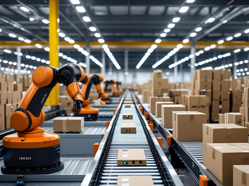 Automated robotic arms process parcels efficiently in smart warehouses with high-speed conveyor systems