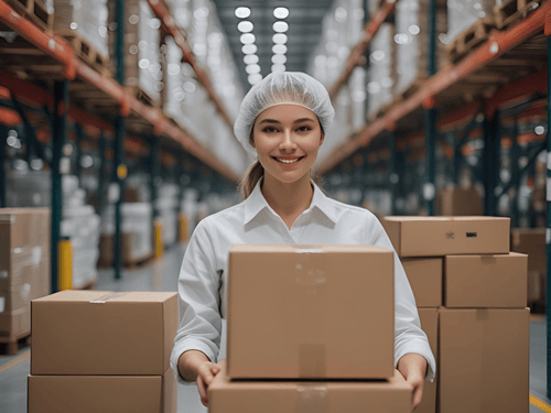Employee in hairnet handles boxed goods, reflecting clean and efficient fulfillment logistics for food