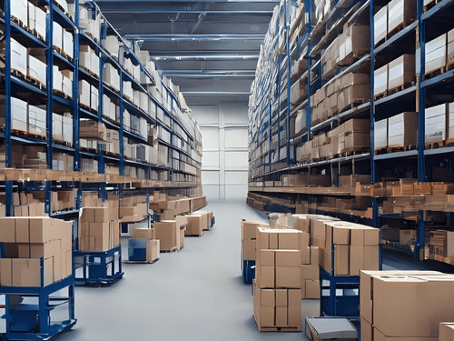 Workers handle large cartons while applying inventory management practices in a well-organized warehouse facility