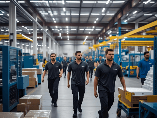 Staff in uniforms walk through a clean, organized warehouse with industrial lighting and machinery